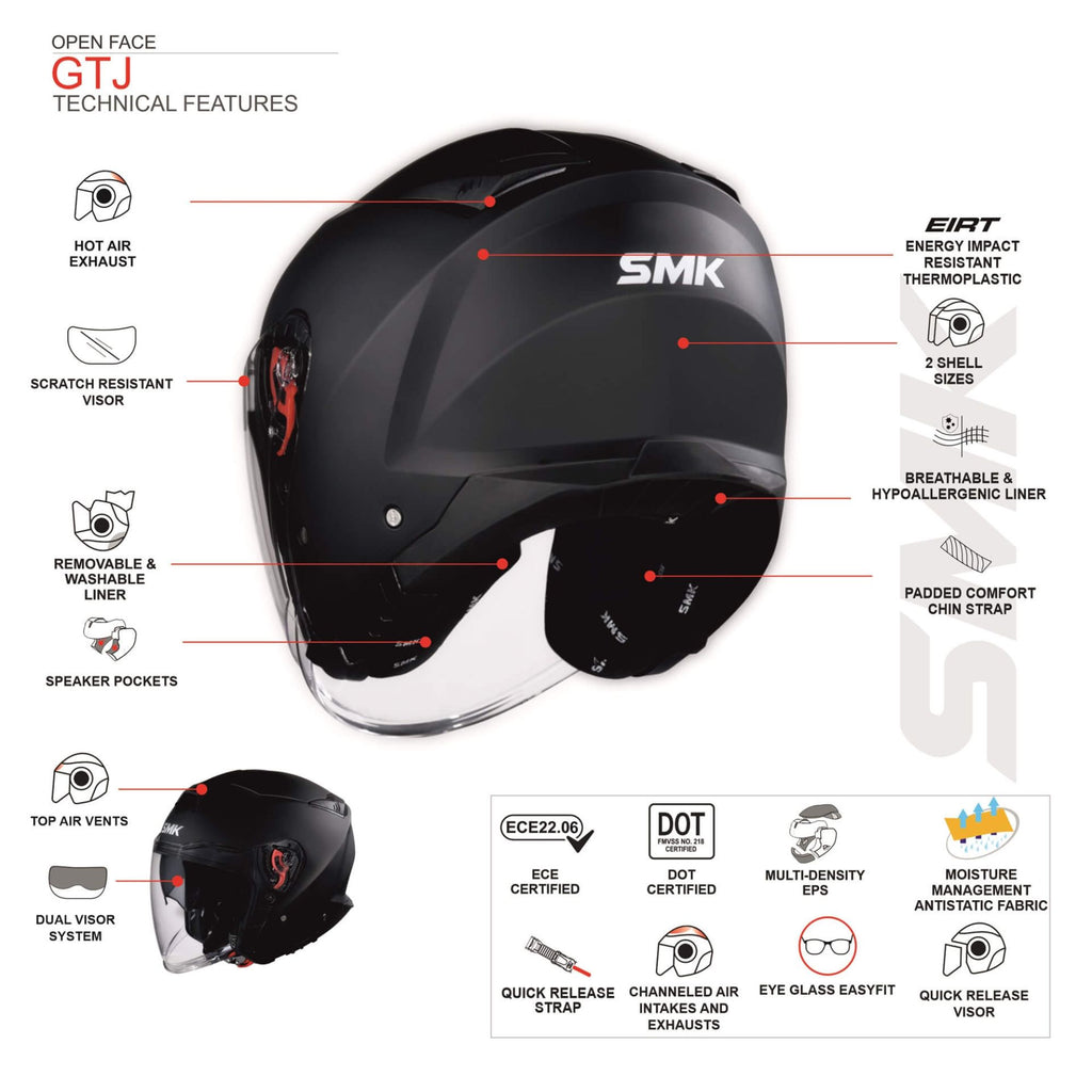 SMK GTJ Solid GL 100 Open Face Helmet with Dual Shell & Sun Visor_6