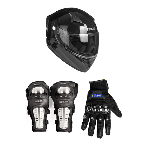 Ebiker Full-Face Helmet + Kneepad & Gloves Combo DOT Dual-Visor Set