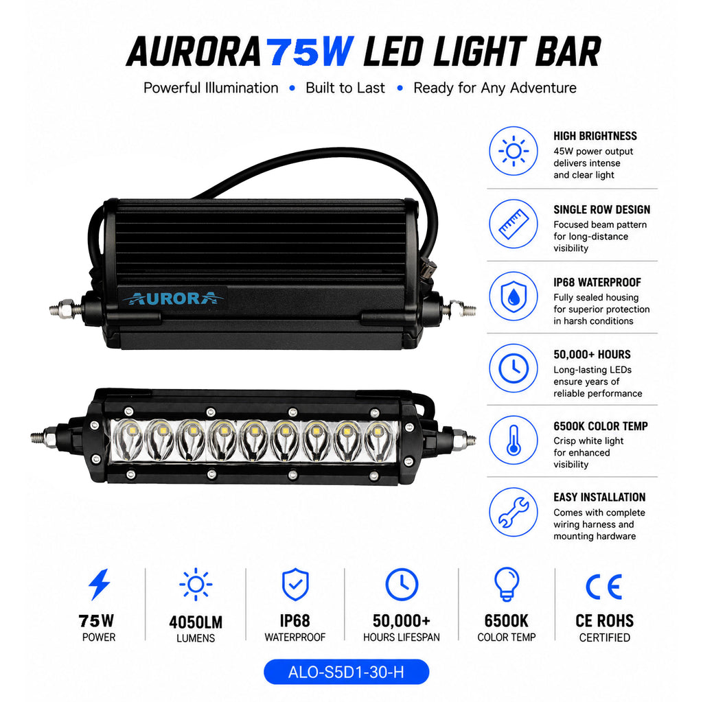 Aurora 10 Inch 75W Motorcycle LED Light Bar ALO-S1-10-D1D1 - 860519